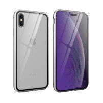 Kryt s kovovým rámečkem a tvrzeným anti-blue-ray sklem pro přední i zadní stranu iPhone X / XS - stříbrný