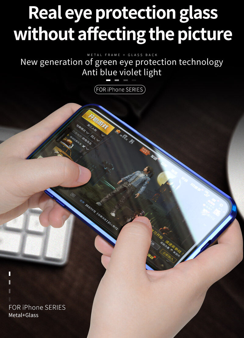 Kryt s kovovým rámečkem a tvrzeným anti-blue-ray sklem pro přední i zadní stranu iPhone X / XS - zlatý