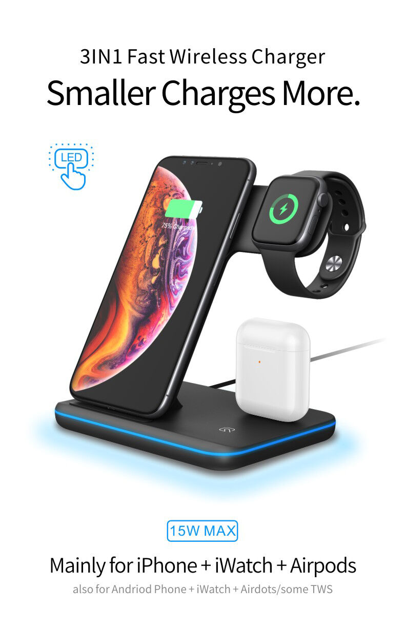Z5 3v1 bezdrátový stojánek pro iPhone / Apple Watch s Lightning konektorem pro AirPods - 15W - černý
