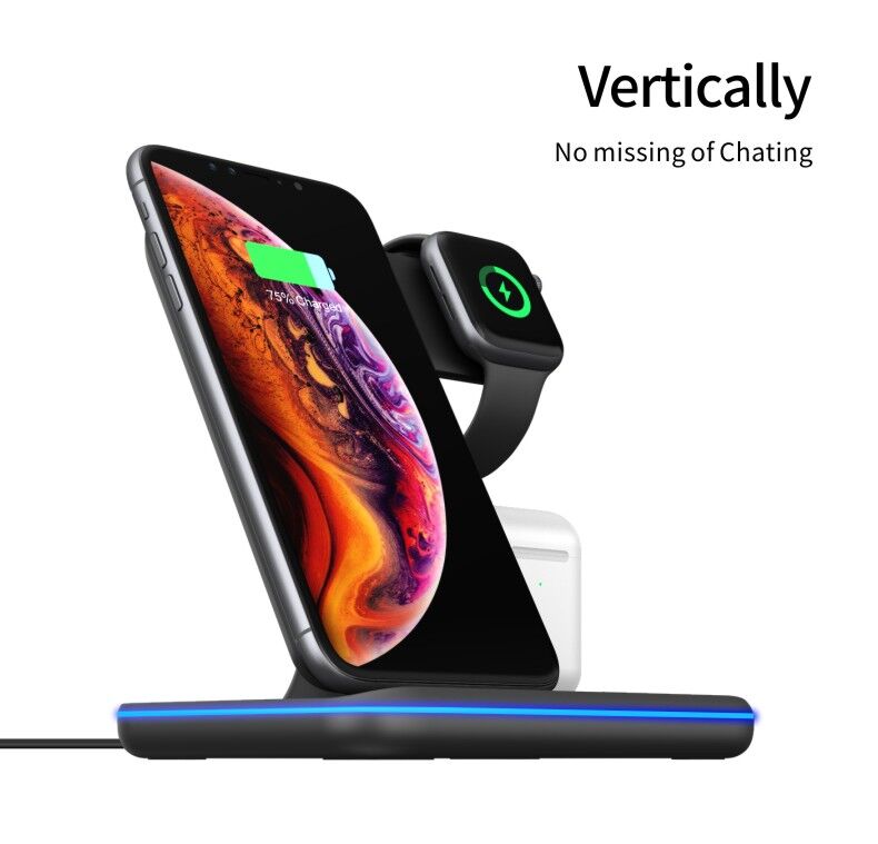 Z5 3v1 bezdrátový stojánek pro iPhone / Apple Watch s Lightning konektorem pro AirPods - 15W - černý