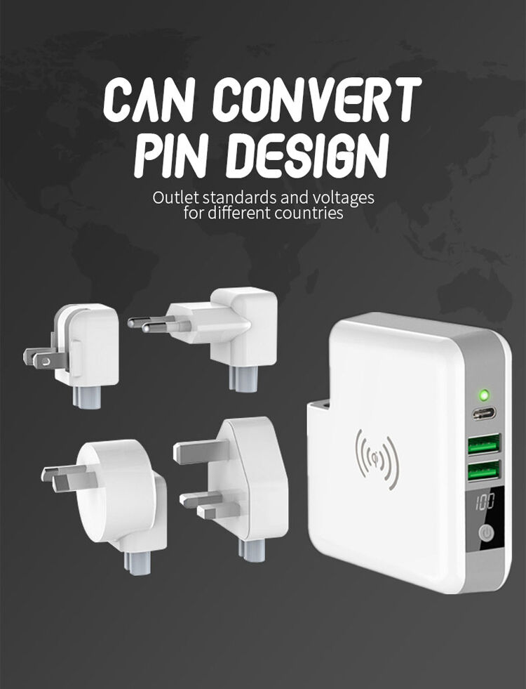 Nabíječka / powerbanka s výměnnými zástrčkami (AU / UK / US / EU) a bezdrátovým nabíjením - 6700mAh - bílá