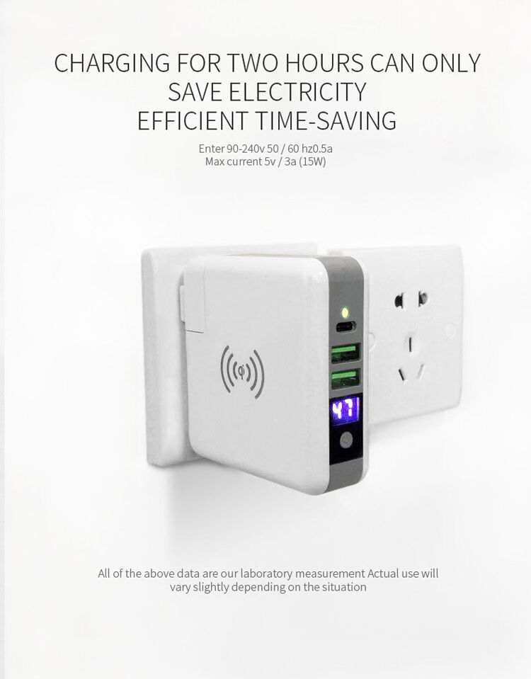 Nabíječka / powerbanka s výměnnými zástrčkami (AU / UK / US / EU) a bezdrátovým nabíjením - 6700mAh - bílá