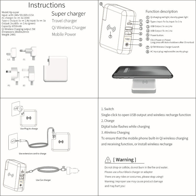 Nabíječka / powerbanka s výměnnými zástrčkami (AU / UK / US / EU) a bezdrátovým nabíjením - 6700mAh - bílá Nabíječka / powerbanka s výměnnými zástrčkami (AU / UK / US / EU) a bezdrátovým nabíjením - 6700mAh - bílá
