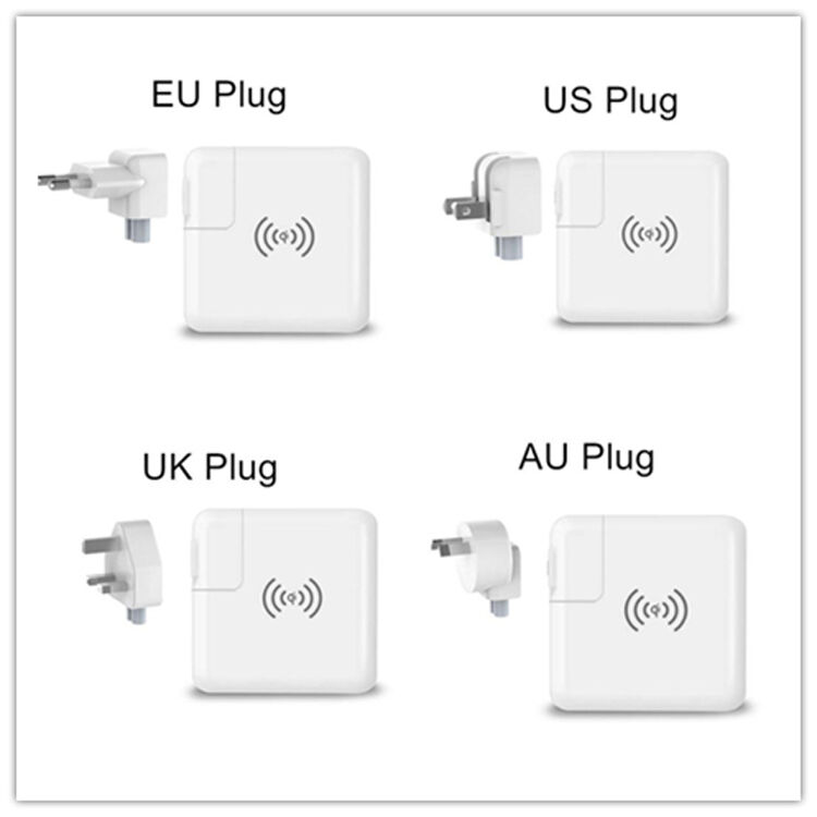 Nabíječka / powerbanka s výměnnými zástrčkami (AU / UK / US / EU) a bezdrátovým nabíjením - 6700mAh - bílá