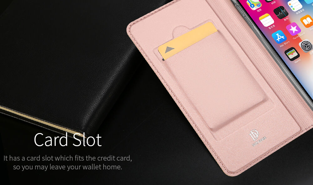 DUX DUCIS Pouzdro se stojánkem a přihrádkami na doklady pro Apple iPhone XS / iPhone X - růžově zlatá