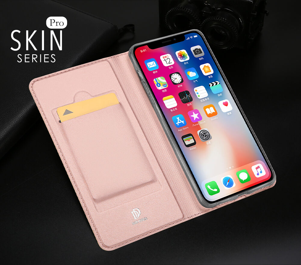 DUX DUCIS Pouzdro se stojánkem a přihrádkami na doklady pro Apple iPhone XS / iPhone X - růžově zlatá