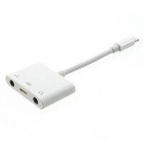 Redukce lightning konektor s dvěmi 3,5 mm jack konektory a lightning konektorem pro Apple iPhone - bílá