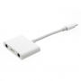 Redukce lightning konektor s dvěmi 3,5 mm jack konektory a lightning konektorem pro Apple iPhone - bílá