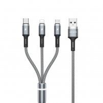 WK 3v1 opletený datový a nabíjecí kabel USB-A / USB-C / Lightning / micro USB pro iPhone / iPad / iPod / AirPods - 1,2 m - stříbrný