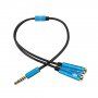 Audio kabel - 2x 3,5 mm jack pro sluchátka a mikrofon na 3,5 mm jack - 32 cm - modrý