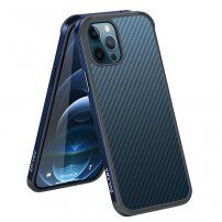 Kryt s texturou karbonových vláken a ochranným rámečkem pro iPhone 12 mini - tmavě modrý