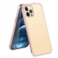 Kryt s texturou karbonových vláken a ochranným rámečkem pro iPhone 12 Pro Max - růžovozlatý