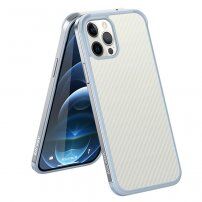 Kryt s texturou karbonových vláken a ochranným rámečkem pro iPhone 12 Pro Max - stříbrný