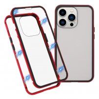 Pouzdro pro celý telefon z tvrzeného skla s kovovým rámečkem pro iPhone 13 Pro Max - červené
