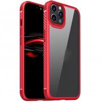 Nárazuvzdorný transparentní kryt s karbonovou texturou pro iPhone 12 / 12 Pro - červený