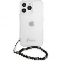 Guess Script and Black Pearls kryt s černými korálky pro iPhone 13 Pro Max - čirý