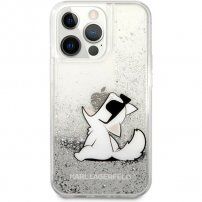 Karl Lagerfeld Liquid Glitter Choupette Eat kryt pro iPhone 13 Pro Max - stříbrný