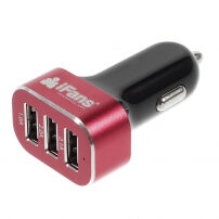 iFans výkonná nabíječka do auta (5.1A) se třemi USB porty pro Apple iPhone / iPad / iPod - černo-červená