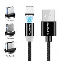 FLOVEME Round magnetický kabel USB-A / USB-C / Micro USB / Lightning pro iPhone / iPad / iPod / AirPods - 1 m - černá