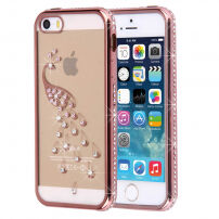 Růžovozlatý obal s kamínky pro Apple iPhone 5 / 5S / SE (2016) - páv