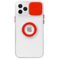Transparentní kryt s držákem na prst a krytkou kamery pro iPhone 13 Pro - červený