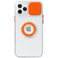 Transparentní kryt s držákem na prst a krytkou kamery pro iPhone 13 Pro Max - oranžový