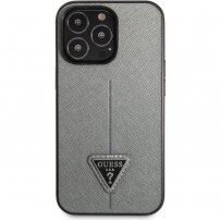 Guess Saffiano Triangle kryt pro iPhone 13 Pro - stříbrný
