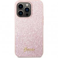 Guess Glitter Flakes Metal Logo třpytivý kryt pro iPhone 14 Pro Max - růžový