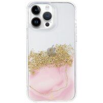 Transparentní mramorový kryt s kamínky pro iPhone 14 Pro - růžový