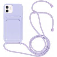 Silikonový kryt se šňůrkou a kapsou na karty pro iPhone 11 - fialový