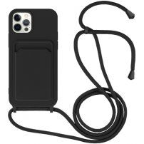 Silikonový kryt se šňůrkou a kapsou na karty pro iPhone 11 Pro - černý