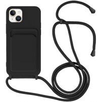 Silikonový kryt se šňůrkou a kapsou na karty pro iPhone 14 Plus - černý