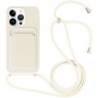 Silikonový kryt se šňůrkou a kapsou na karty pro iPhone 14 Pro - krémový