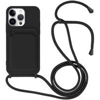 Silikonový kryt se šňůrkou a kapsou na karty pro iPhone 14 Pro Max - černý