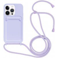 Silikonový kryt se šňůrkou a kapsou na karty pro iPhone 14 Pro Max - fialový