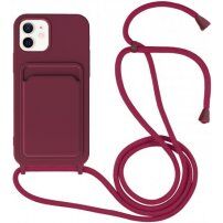 Silikonový kryt se šňůrkou a kapsou na karty pro iPhone 11 - vínový