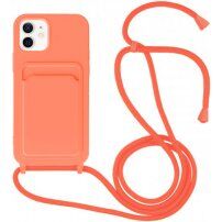 Silikonový kryt se šňůrkou a kapsou na karty pro iPhone 11 - neonově oranžový