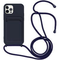 Silikonový kryt se šňůrkou a kapsou na karty pro iPhone 11 Pro - tmavě modrý