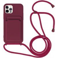 Silikonový kryt se šňůrkou a kapsou na karty pro iPhone 11 Pro - vínový