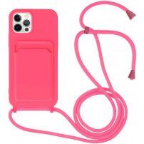 Silikonový kryt se šňůrkou a kapsou na karty pro iPhone 11 Pro - neonově růžový