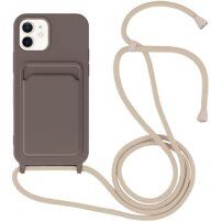 Silikonový kryt se šňůrkou a kapsou na karty pro iPhone 12 / 12 Pro - tmavě hnědý