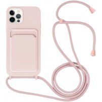 Silikonový kryt se šňůrkou a kapsou na karty pro iPhone 12 Pro Max - růžový