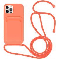 Silikonový kryt se šňůrkou a kapsou na karty pro iPhone 12 Pro Max - neonově oranžový