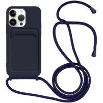 Silikonový kryt se šňůrkou a kapsou na karty pro iPhone 13 Pro - tmavě modrý