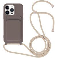 Silikonový kryt se šňůrkou a kapsou na karty pro iPhone 13 Pro - tmavě hnědý