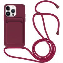 Silikonový kryt se šňůrkou a kapsou na karty pro iPhone 13 Pro Max - vínový