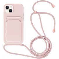 Silikonový kryt se šňůrkou a kapsou na karty pro iPhone 14 Plus - růžový