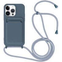 Silikonový kryt se šňůrkou a kapsou na karty pro iPhone 14 Pro Max - modrý