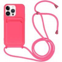Silikonový kryt se šňůrkou a kapsou na karty pro iPhone 14 Pro Max - neonově růžový
