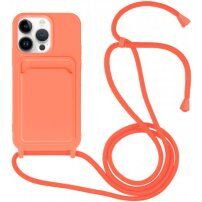Silikonový kryt se šňůrkou a kapsou na karty pro iPhone 14 Pro Max - neonově oranžový
